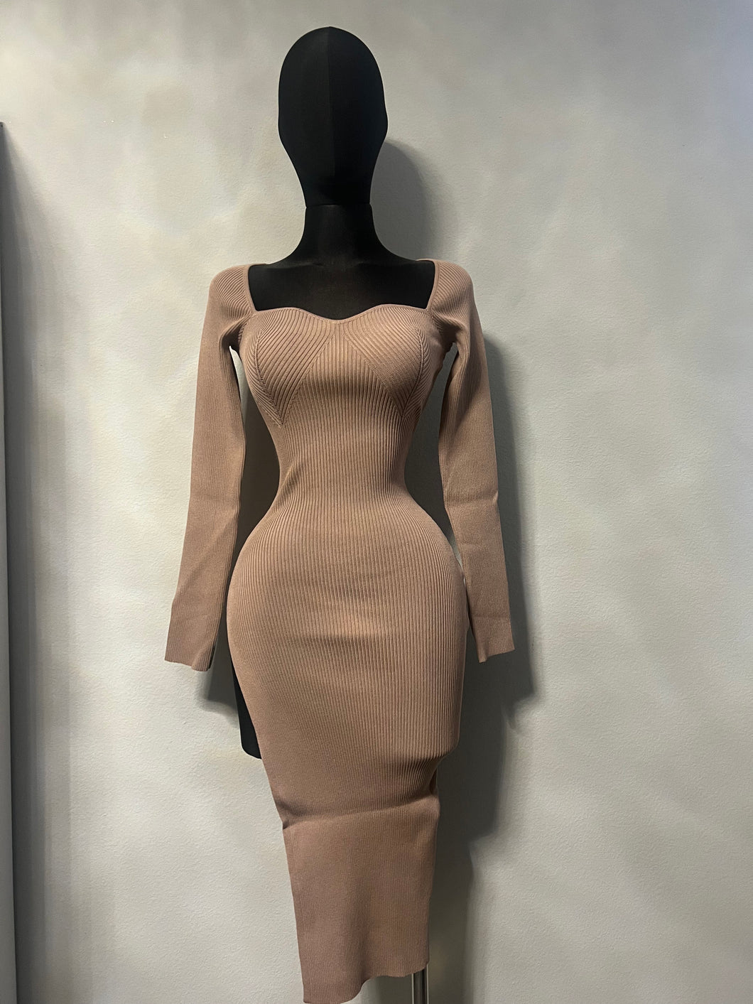 Ribbed Knit High Slit Midi Dress